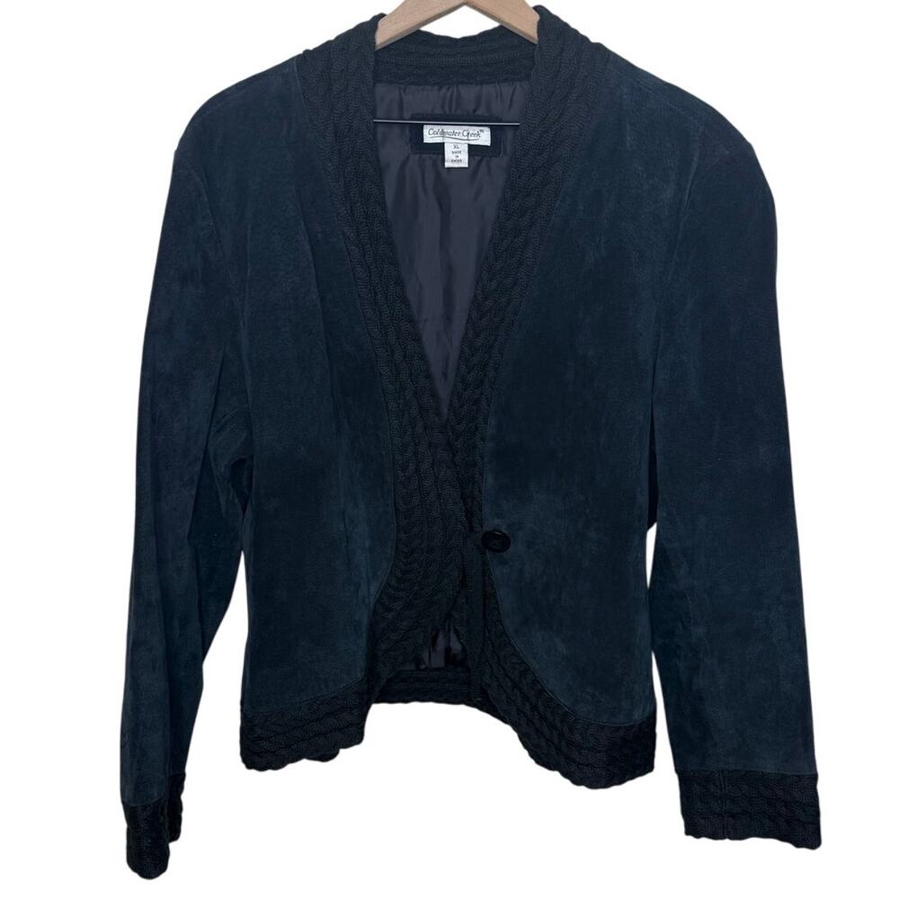 COLDWATER CREEK VINTAGE Women's XL Suede Leather Crochet Knit Trim Jacket Black